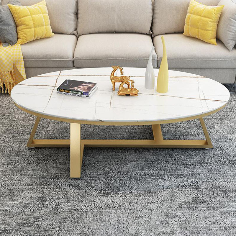 Contemporary Scandinavian Sintered Stone Iron Long Oval Coffee Table With 1-Tier For Living Room
