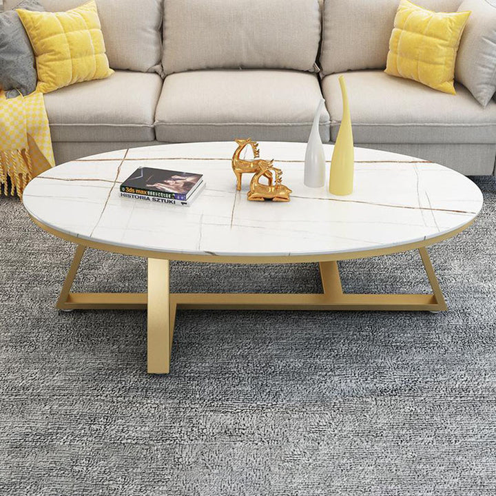 Table basse ovale longue en pierre frittée et fer de style scandinave contemporain avec 1 niveau pour salon 