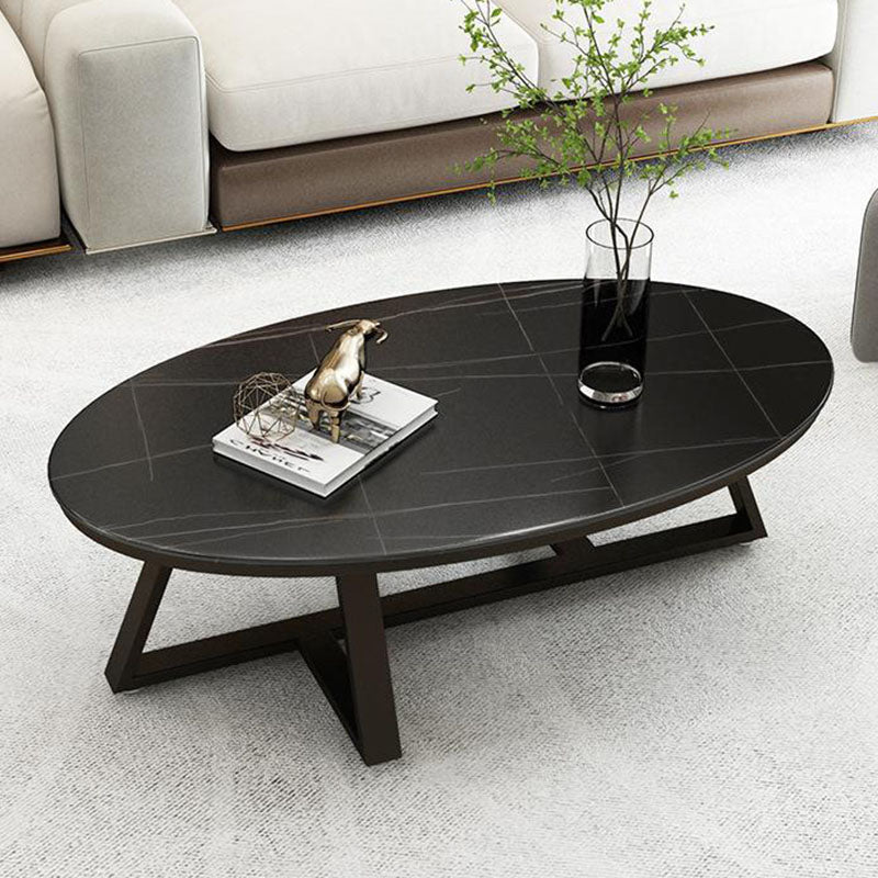 Contemporary Scandinavian Sintered Stone Iron Long Oval Coffee Table With 1-Tier For Living Room