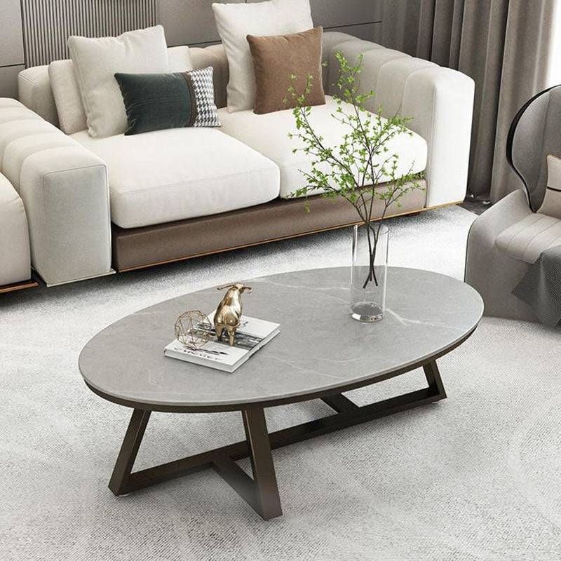 Contemporary Scandinavian Sintered Stone Iron Long Oval Coffee Table With 1-Tier For Living Room