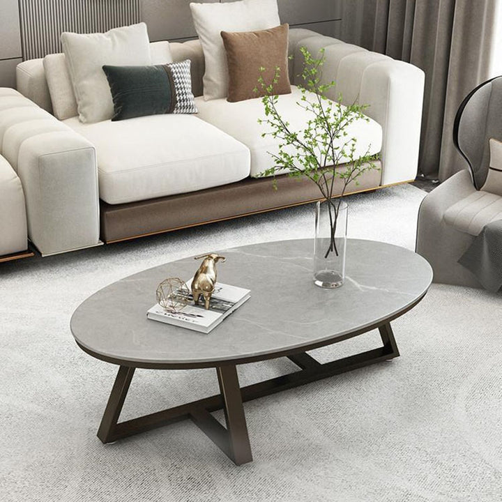 Contemporary Scandinavian Sintered Stone Iron Long Oval Coffee Table With 1-Tier For Living Room