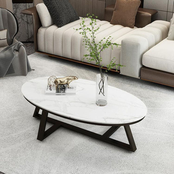 Contemporary Scandinavian Sintered Stone Iron Long Oval Coffee Table With 1-Tier For Living Room