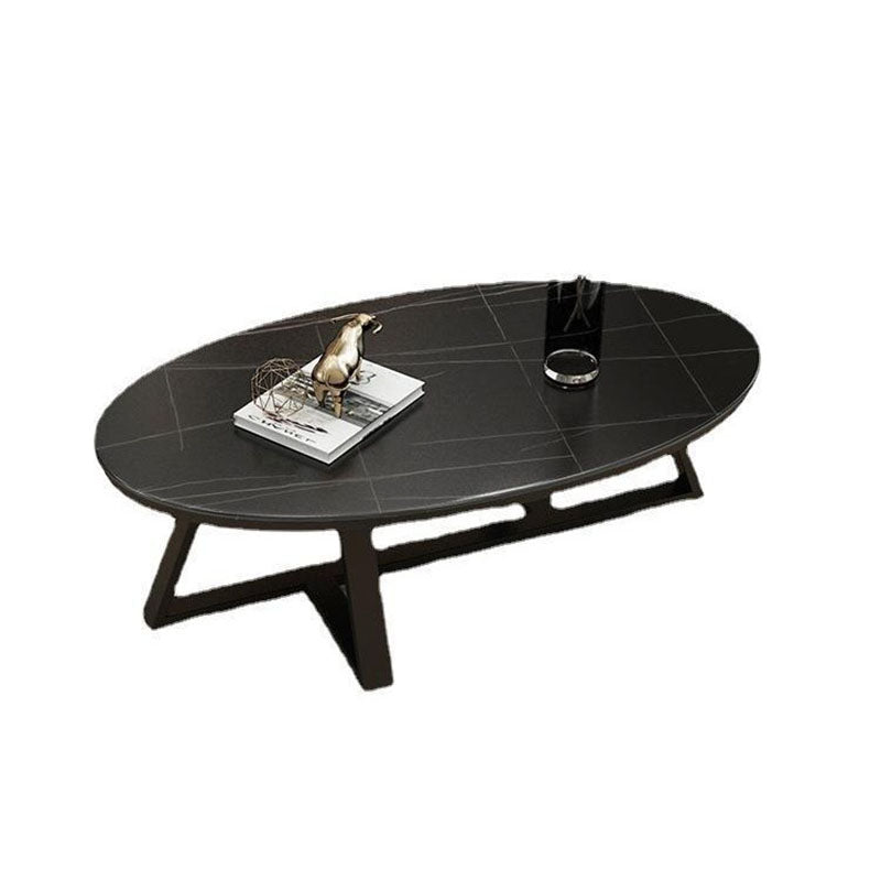 Contemporary Scandinavian Sintered Stone Iron Long Oval Coffee Table With 1-Tier For Living Room