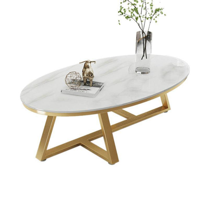 Contemporary Scandinavian Sintered Stone Iron Long Oval Coffee Table With 1-Tier For Living Room