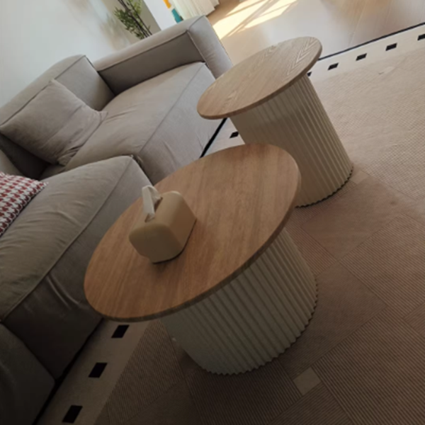 Table basse ronde à colonne texturée en acier inoxydable, style minimaliste moderne et écologique, avec 2 niveaux pour le salon 