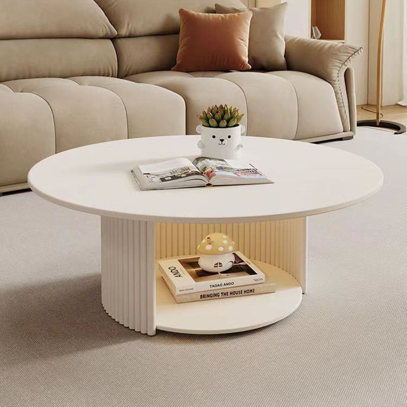 Table basse ronde à colonne texturée en acier inoxydable, style minimaliste moderne et écologique, avec 2 niveaux pour le salon 