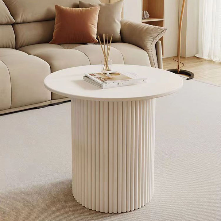 Table basse ronde à colonne texturée en acier inoxydable, style minimaliste moderne et écologique, avec 2 niveaux pour le salon 