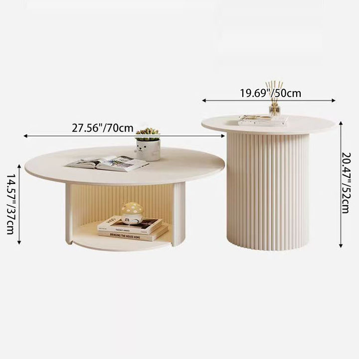 Table basse ronde à colonne texturée en acier inoxydable, style minimaliste moderne et écologique, avec 2 niveaux pour le salon 