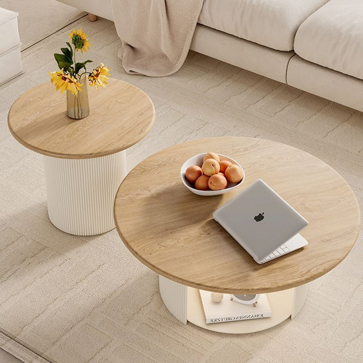 Modern Minimalist Eco Board Stainless Steel Textured Round Column Coffee Table With 2 Tier For Living Room