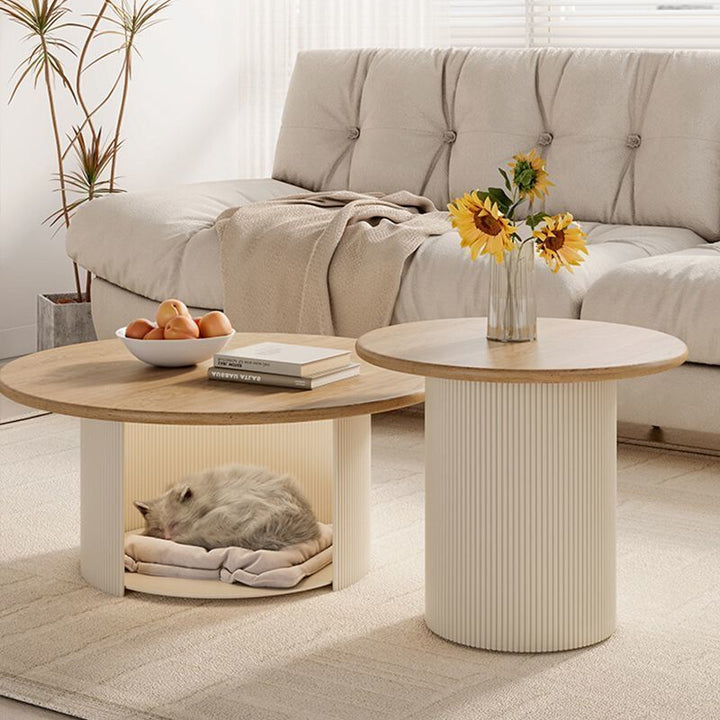 Table basse ronde à colonne texturée en acier inoxydable, style minimaliste moderne et écologique, avec 2 niveaux pour le salon 