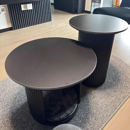 Table basse ronde à colonne texturée en acier inoxydable, style minimaliste moderne et écologique, avec 2 niveaux pour le salon 