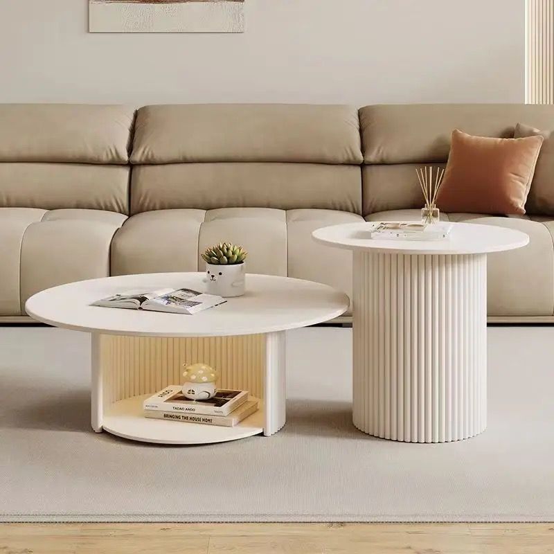 Table basse ronde à colonne texturée en acier inoxydable, style minimaliste moderne et écologique, avec 2 niveaux pour le salon 