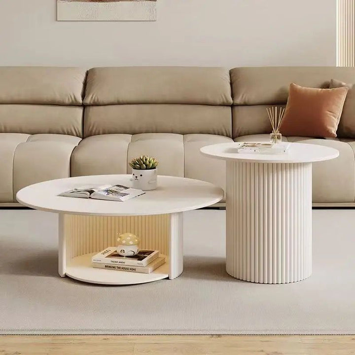 Modern Minimalist Eco Board Stainless Steel Textured Round Column Coffee Table With 2 Tier For Living Room