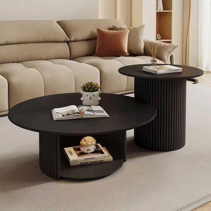 Table basse ronde à colonne texturée en acier inoxydable, style minimaliste moderne et écologique, avec 2 niveaux pour le salon 