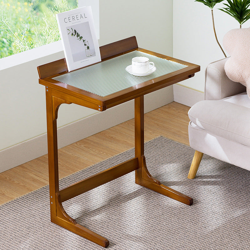Traditional Chinese Bamboo Glass Rectangular Side Table With 1-Tier For Living Room
