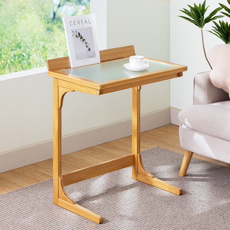 Traditional Chinese Bamboo Glass Rectangular Side Table With 1-Tier For Living Room