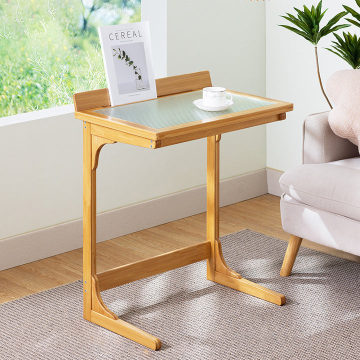 Traditional Chinese Bamboo Glass Rectangular Side Table With 1-Tier For Living Room