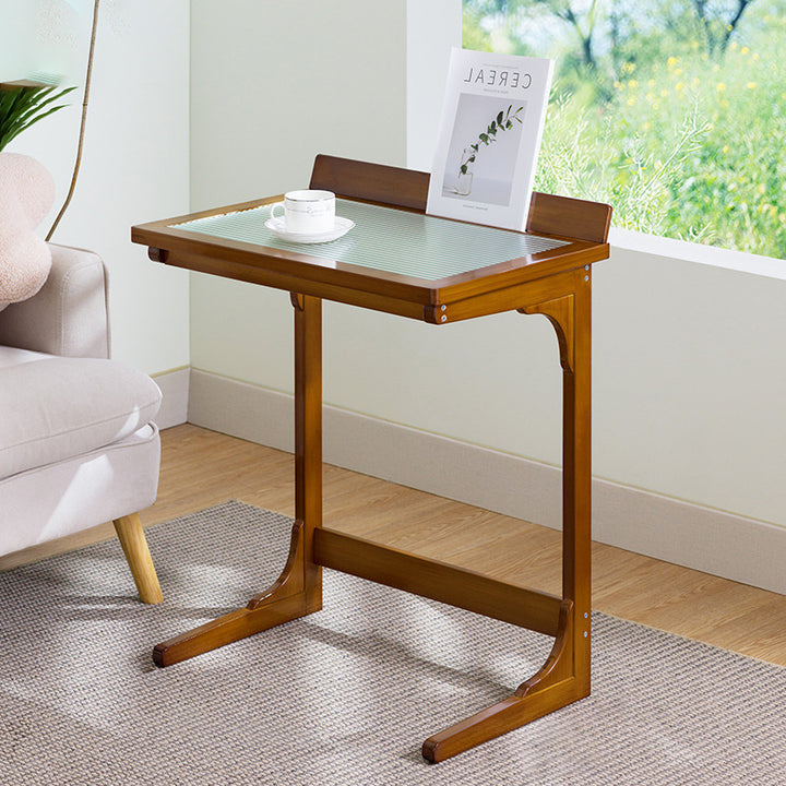 Traditional Chinese Bamboo Glass Rectangular Side Table With 1-Tier For Living Room