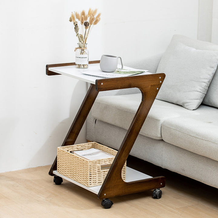 Traditional Chinese Bamboo Movable Z-Shaped Rectangular Side Table With 2 Tiers For Living Room