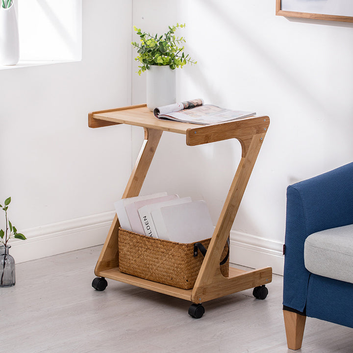 Traditional Chinese Bamboo Movable Z-Shaped Rectangular Side Table With 2 Tiers For Living Room