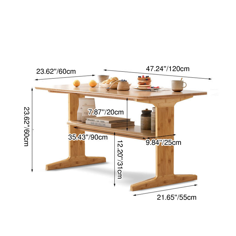 Modern Minimalist Bamboo T-Shaped Rounded Rectangular Coffee Table With 2 Tiers For Living Room