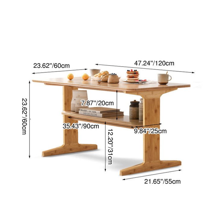 Modern Minimalist Bamboo T-Shaped Rounded Rectangular Coffee Table With 2 Tiers For Living Room