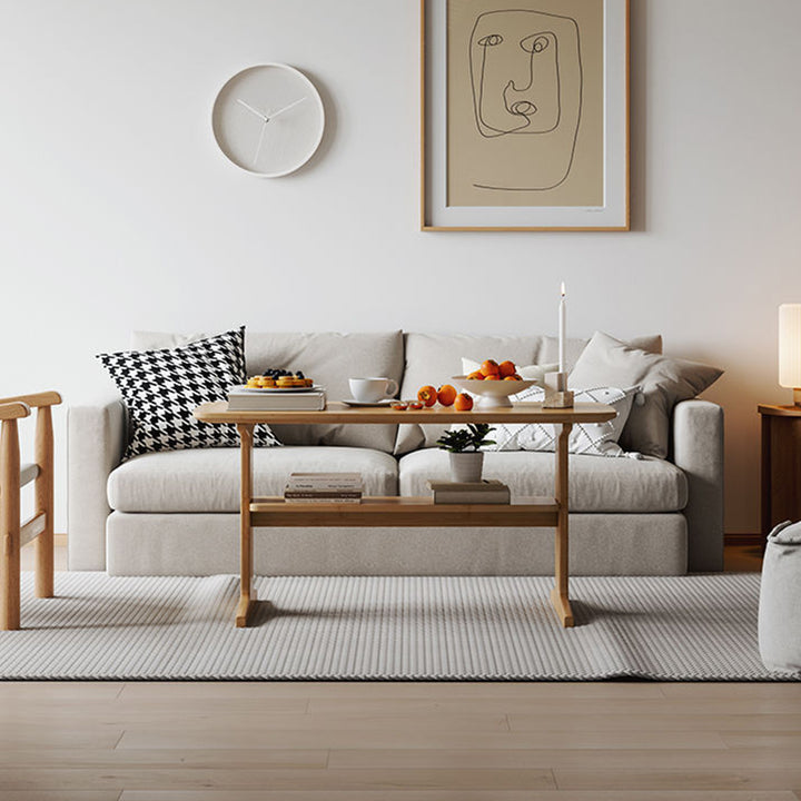 Table basse rectangulaire arrondie en bambou, minimaliste et moderne, en forme de T, avec 2 niveaux pour le salon 