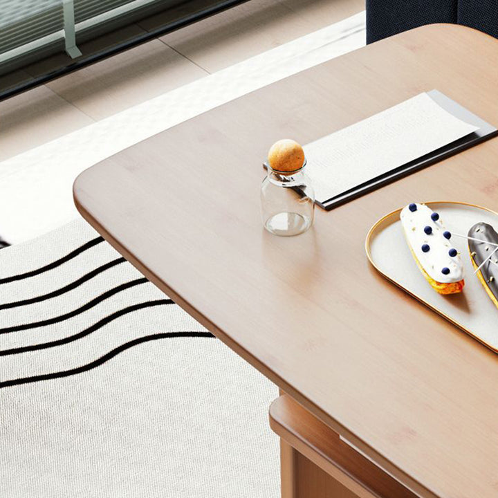 Modern Minimalist Bamboo T-Shaped Rounded Rectangular Coffee Table With 2 Tiers For Living Room