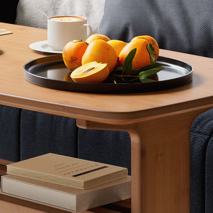 Modern Minimalist Bamboo T-Shaped Rounded Rectangular Coffee Table With 2 Tiers For Living Room