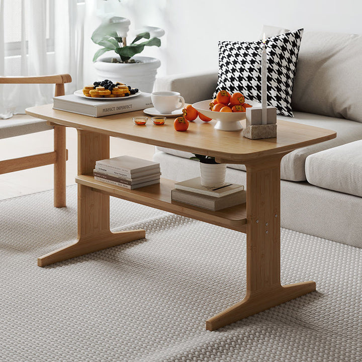 Modern Minimalist Bamboo T-Shaped Rounded Rectangular Coffee Table With 2 Tiers For Living Room