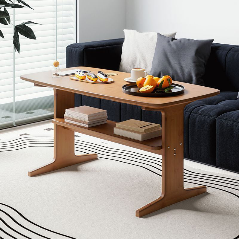 Modern Minimalist Bamboo T-Shaped Rounded Rectangular Coffee Table With 2 Tiers For Living Room