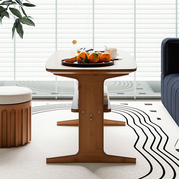Modern Minimalist Bamboo T-Shaped Rounded Rectangular Coffee Table With 2 Tiers For Living Room