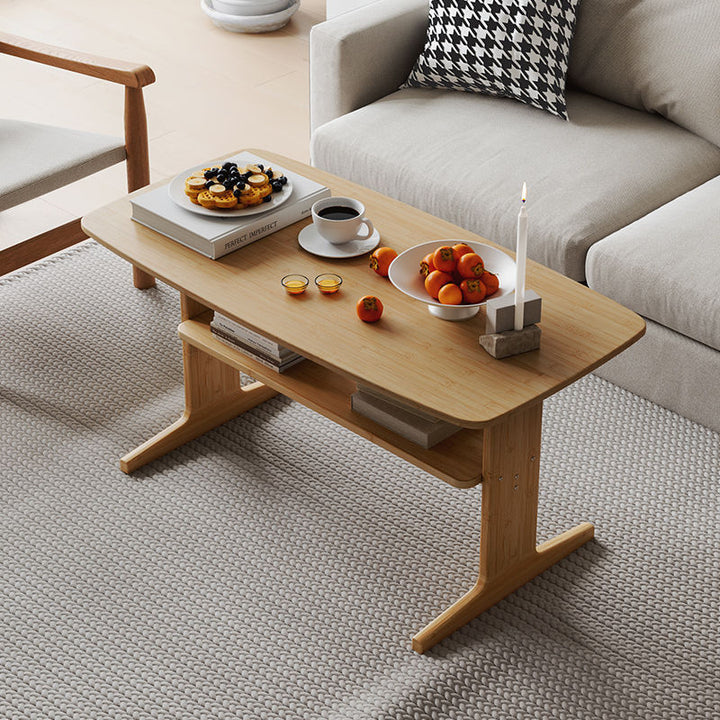 Table basse rectangulaire arrondie en bambou, minimaliste et moderne, en forme de T, avec 2 niveaux pour le salon 