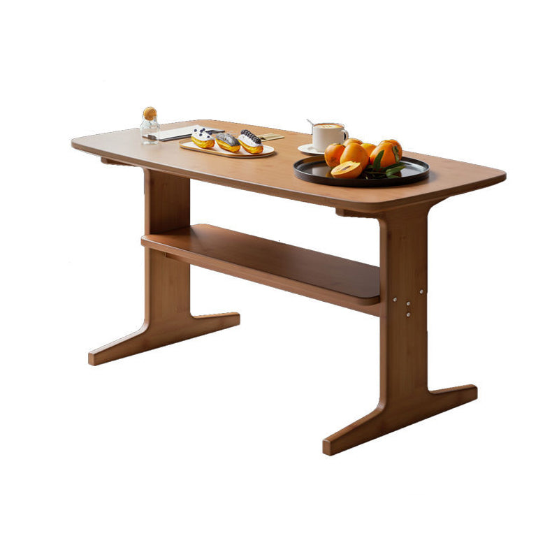 Modern Minimalist Bamboo T-Shaped Rounded Rectangular Coffee Table With 2 Tiers For Living Room