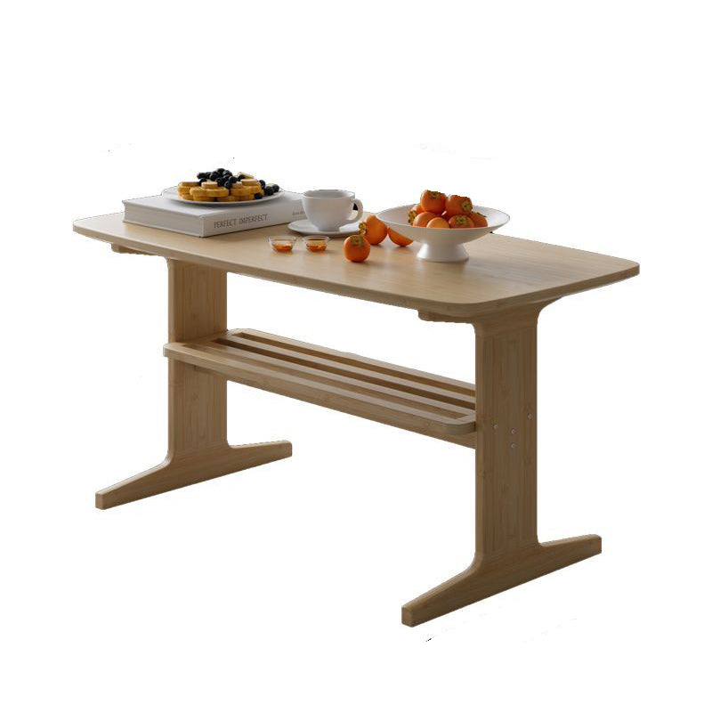 Modern Minimalist Bamboo T-Shaped Rounded Rectangular Coffee Table With 2 Tiers For Living Room