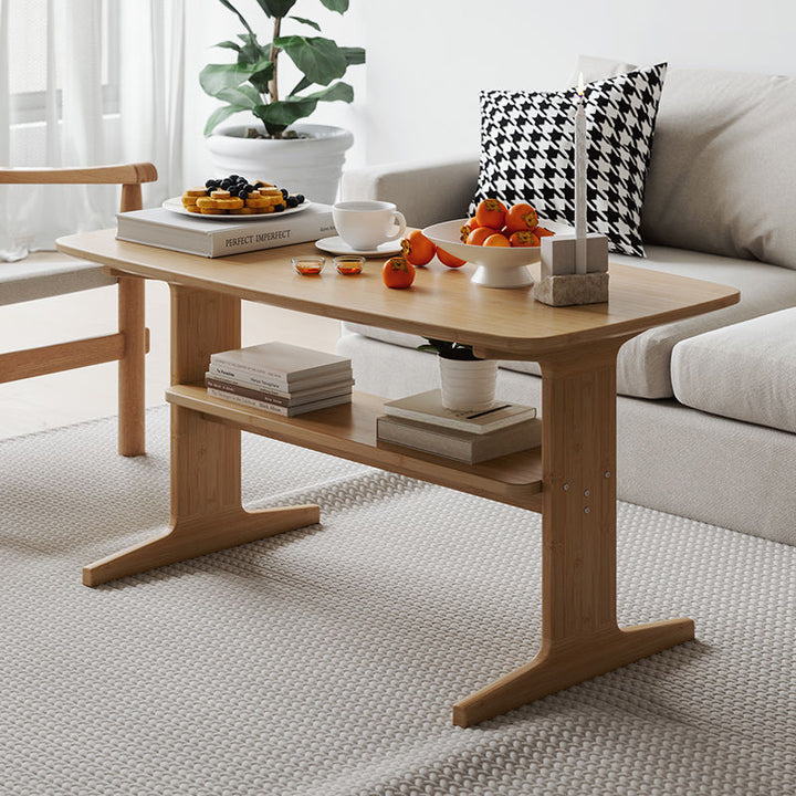Modern Minimalist Bamboo T-Shaped Rounded Rectangular Coffee Table With 2 Tiers For Living Room