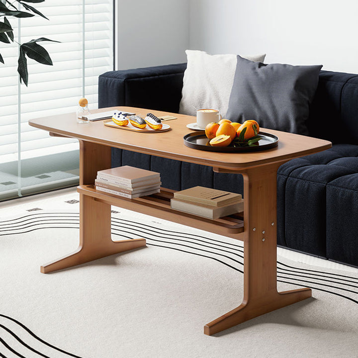 Modern Minimalist Bamboo T-Shaped Rounded Rectangular Coffee Table With 2 Tiers For Living Room