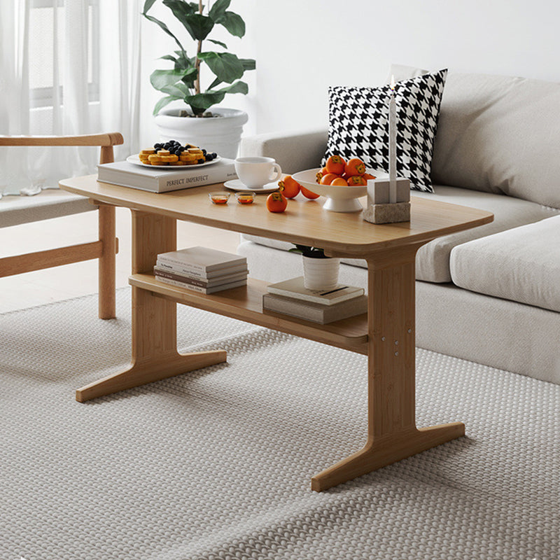 Modern Minimalist Bamboo T-Shaped Rounded Rectangular Coffee Table With 2 Tiers For Living Room