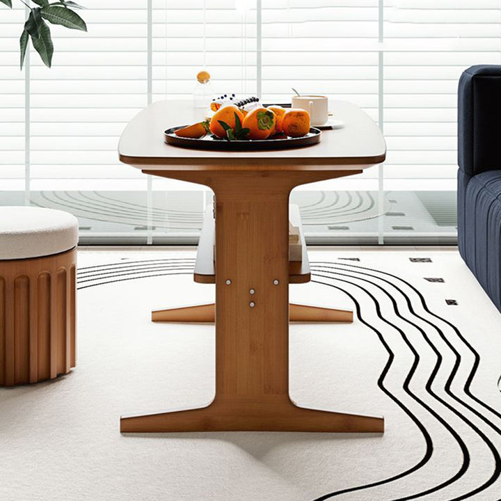 Modern Minimalist Bamboo T-Shaped Rounded Rectangular Coffee Table With 2 Tiers For Living Room