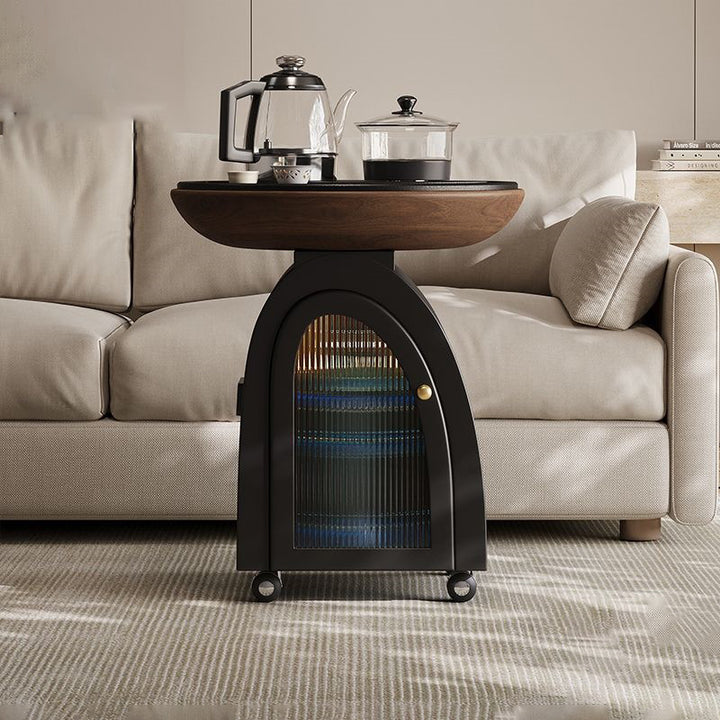 Table basse courbée mobile traditionnelle en bois massif, contreplaqué, pierre et verre, avec 1 niveau, pour salon 