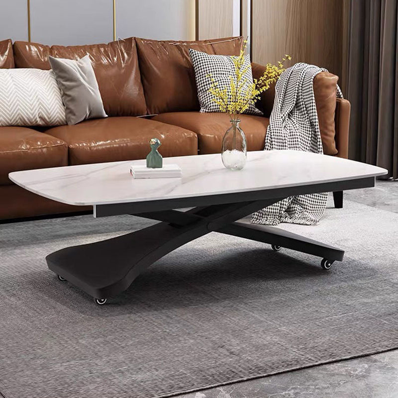 Contemporary Scandinavian Sintered Stone Metal X-Shaped Rectangular Coffee Table With 1 Tier For Living Room