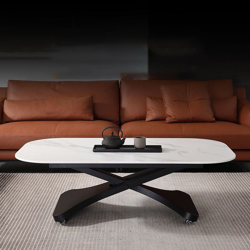 Contemporary Scandinavian Sintered Stone Metal X-Shaped Rectangular Coffee Table With 1 Tier For Living Room
