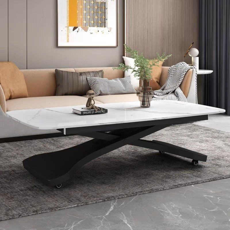 Contemporary Scandinavian Sintered Stone Metal X-Shaped Rectangular Coffee Table With 1 Tier For Living Room