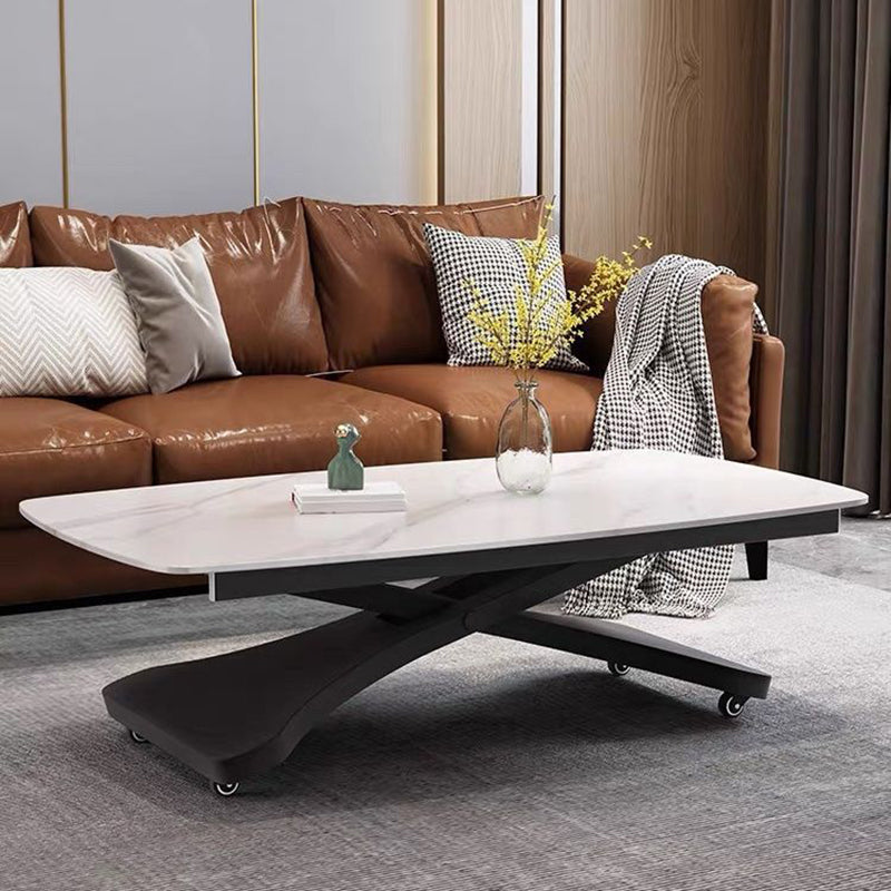 Contemporary Scandinavian Sintered Stone Metal X-Shaped Rectangular Coffee Table With 1 Tier For Living Room