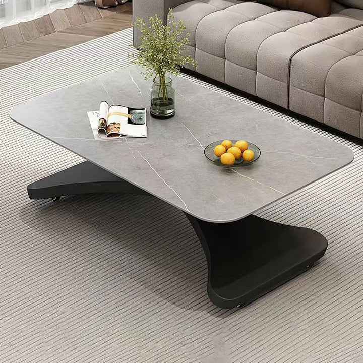 Table basse rectangulaire contemporaine en pierre frittée scandinave avec structure métallique en X et un niveau pour salon 