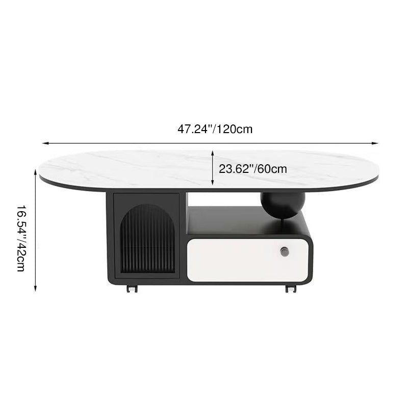 Table basse ovale rectangulaire en pierre frittée scandinave contemporaine, bois massif, contreplaqué, acrylique, avec 1 tiroir, pour salon 