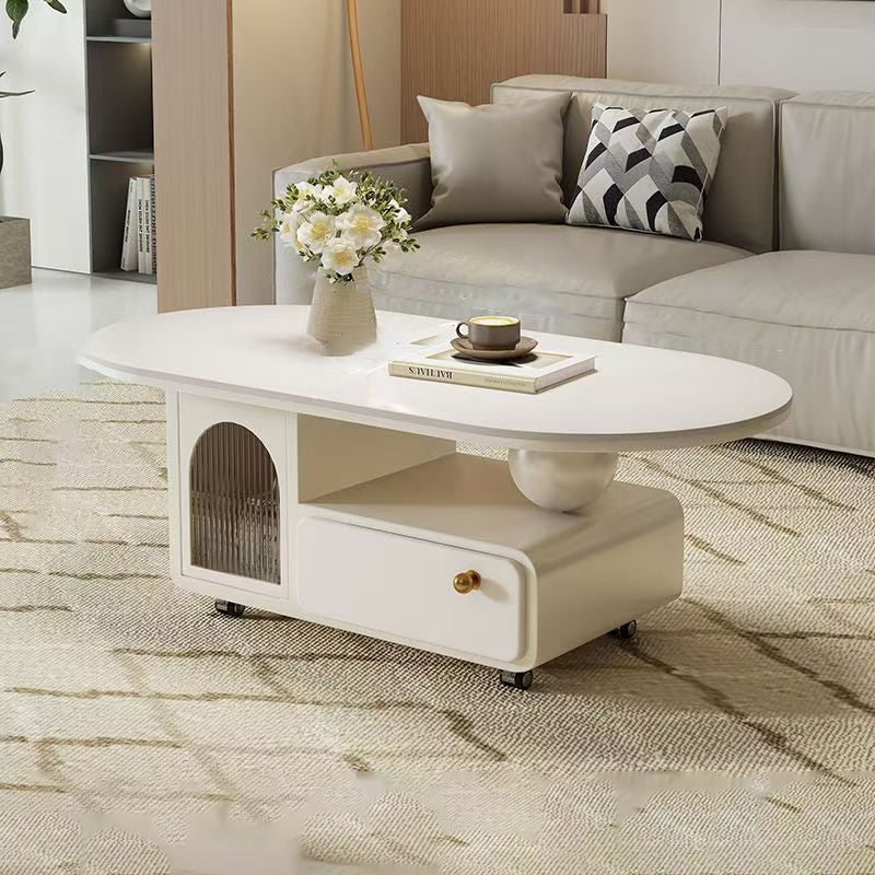 Table basse ovale rectangulaire en pierre frittée scandinave contemporaine, bois massif, contreplaqué, acrylique, avec 1 tiroir, pour salon 