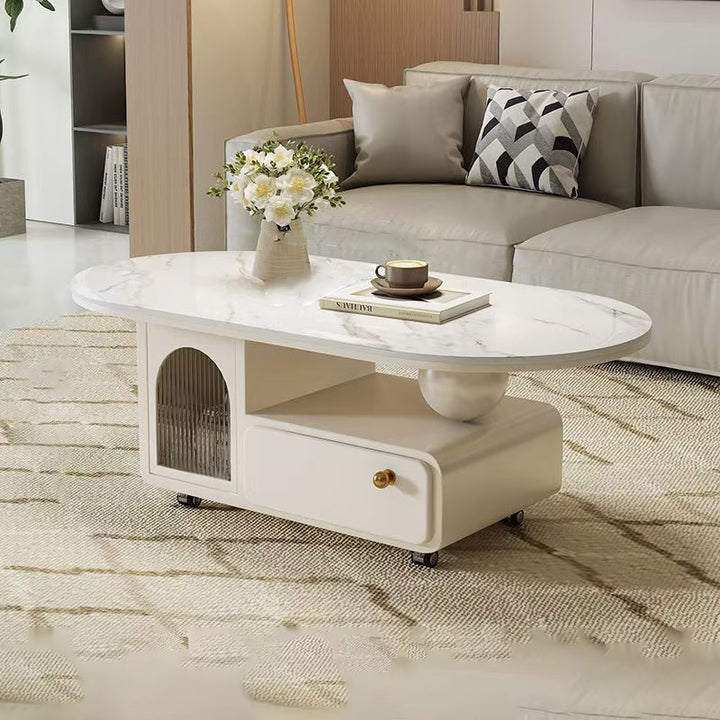 Table basse ovale rectangulaire en pierre frittée scandinave contemporaine, bois massif, contreplaqué, acrylique, avec 1 tiroir, pour salon 