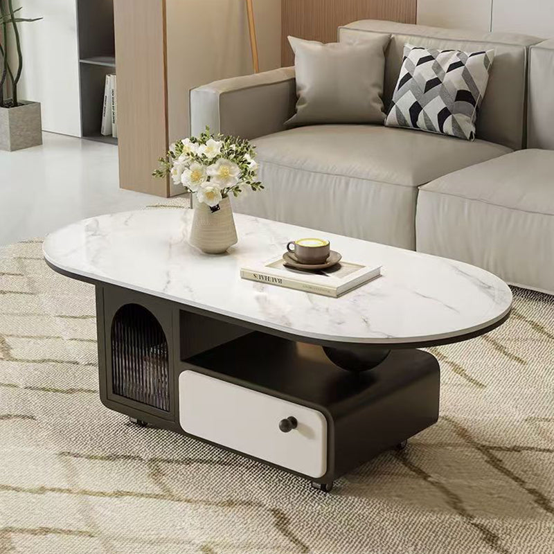Table basse ovale rectangulaire en pierre frittée scandinave contemporaine, bois massif, contreplaqué, acrylique, avec 1 tiroir, pour salon 