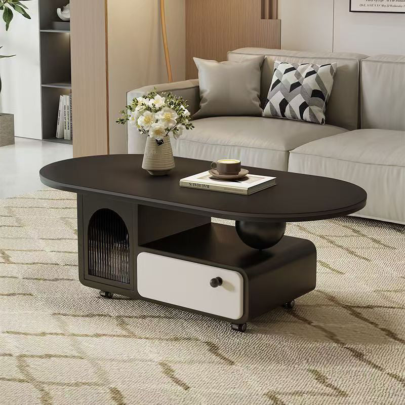 Table basse ovale rectangulaire en pierre frittée scandinave contemporaine, bois massif, contreplaqué, acrylique, avec 1 tiroir, pour salon 